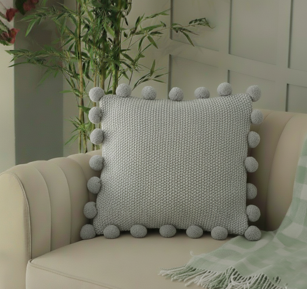 Grey Pom Pom Cushion Cover (21x21)