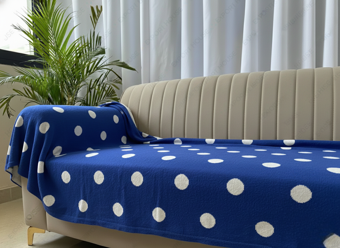 Handcrafted Blue Sofa Throw with Classic Polka Dots