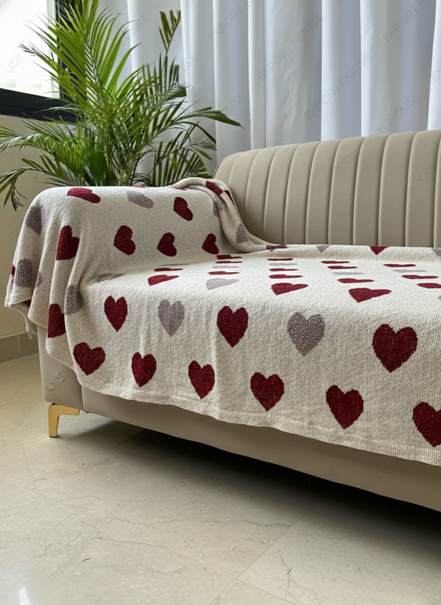 Heart Motif Handcrafted Sofa Throw – Soft & Cozy