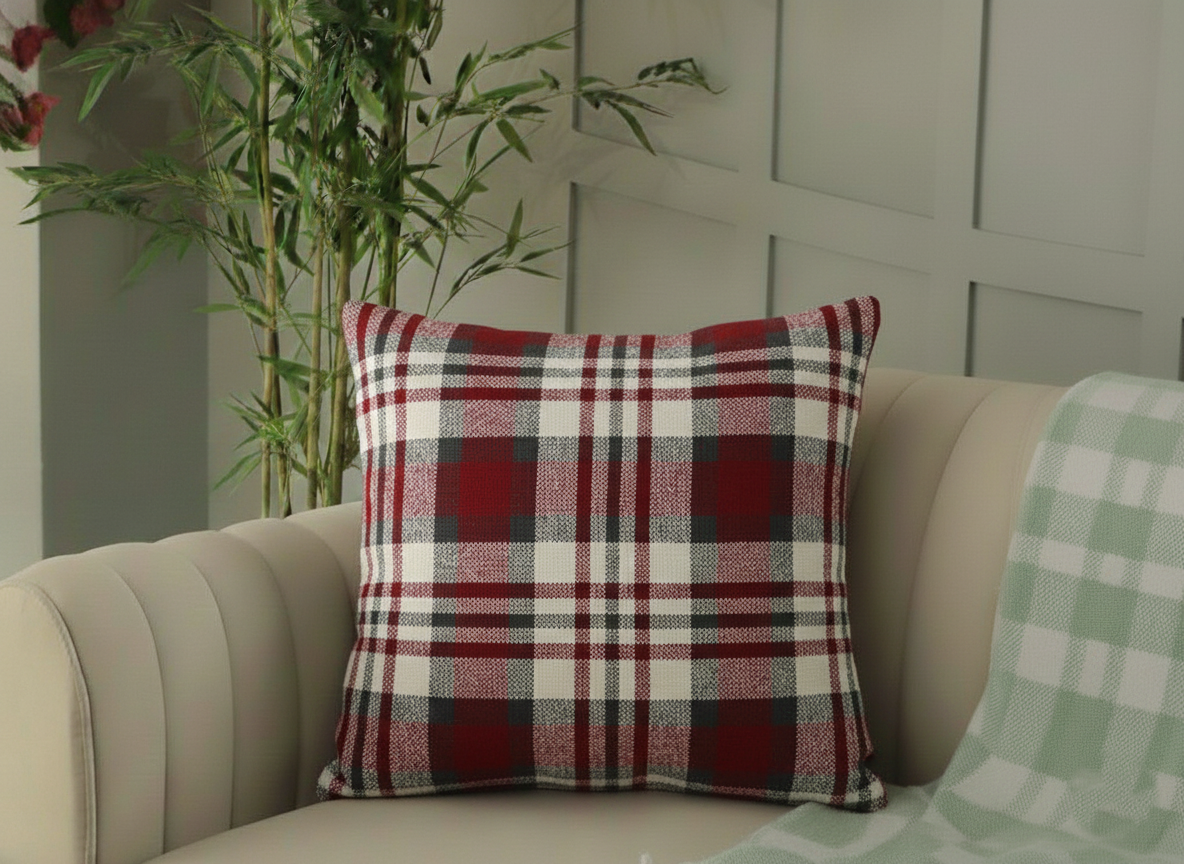 Red & Grey Checkered Knitted Cushion Cover (24x24)