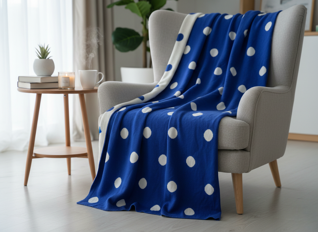 Handcrafted Blue Sofa Throw with Classic Polka Dots
