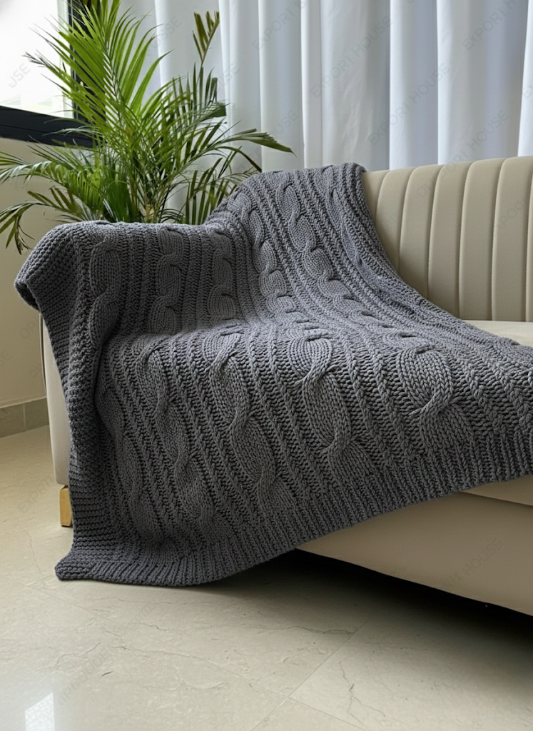 Cable Knit Sofa Throw Blanket – Grey